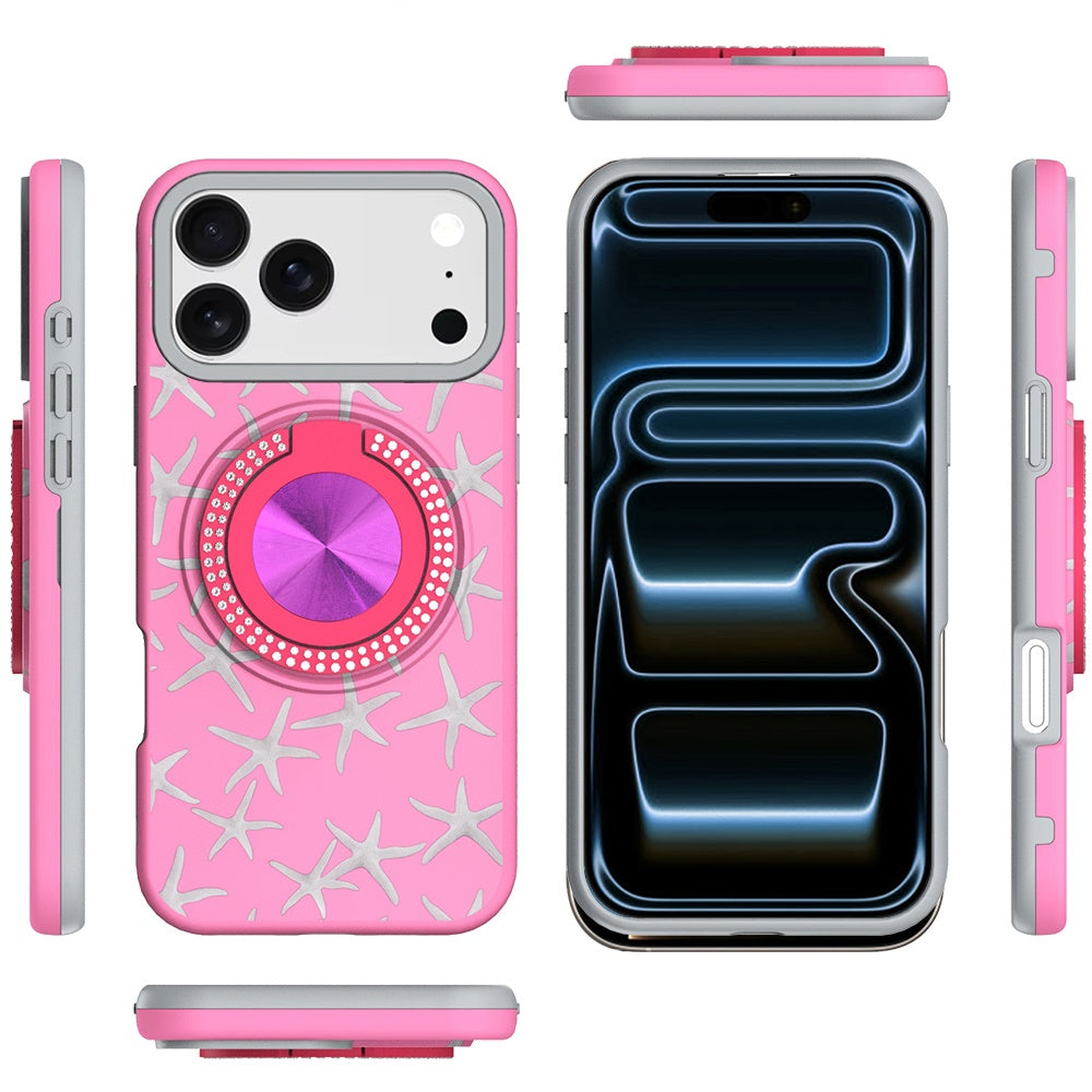 For Apple iPhone 17 Pro Max Pattern Design Hybrid with Invisible Ring Stand & Magnetic Back, Shockproof Protective Grip Case Cover