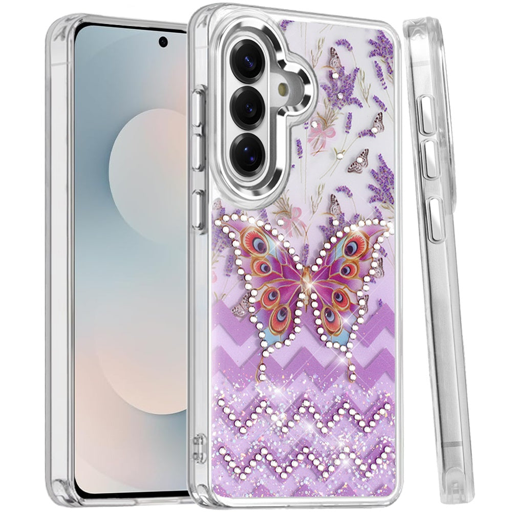 For Samsung Galaxy S25 FE /S25 Fan Edition Butterfly Resin Epoxy Diamond Design Metal Edged Hybrid Shockproof Heavy Duty Drop Protection Case Cover
