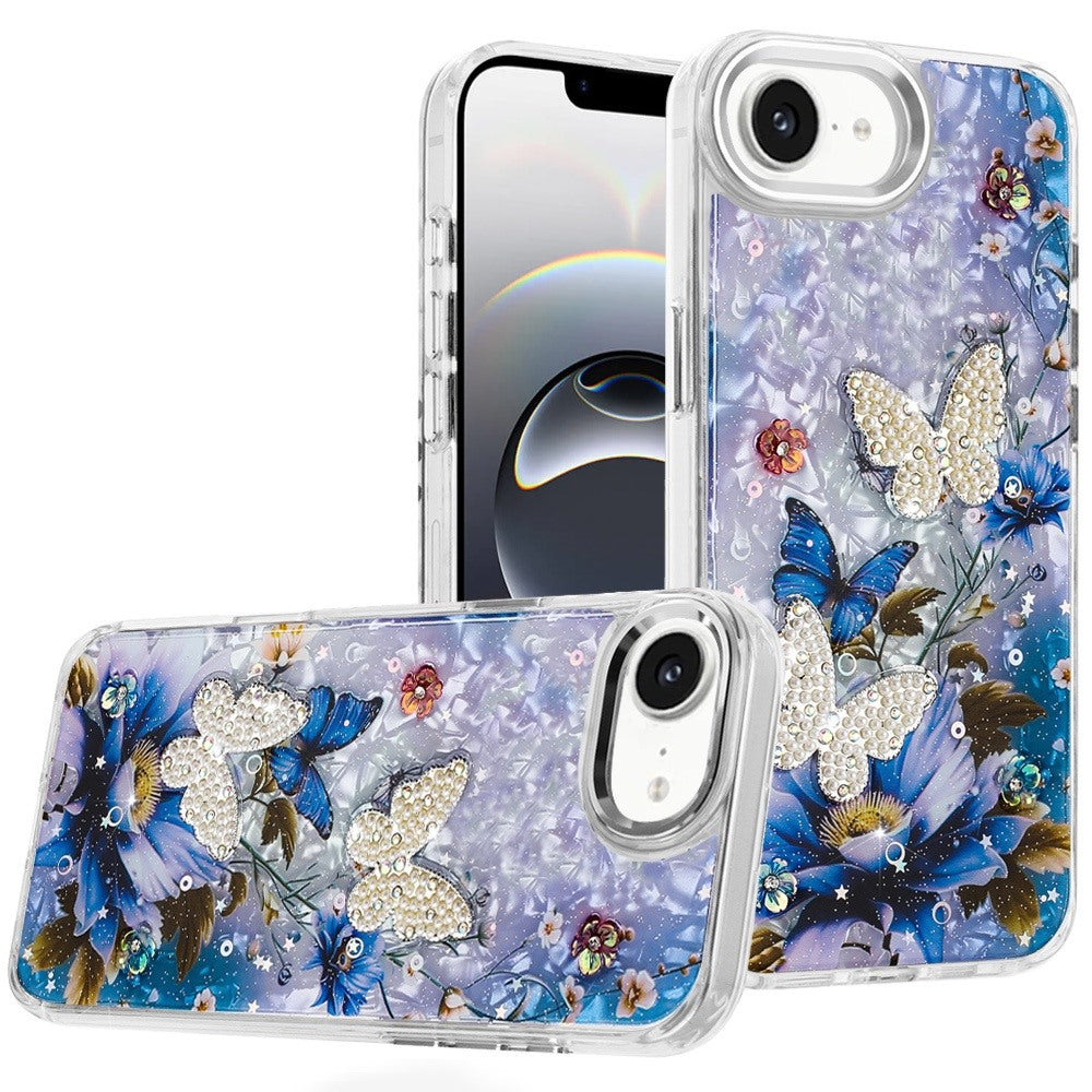 For Apple iPhone 17E /16E Epoxy Glitter Flowers Bling 3D Butterfly Fashion TPU Hybrid with Shockproof Protection Case Cover