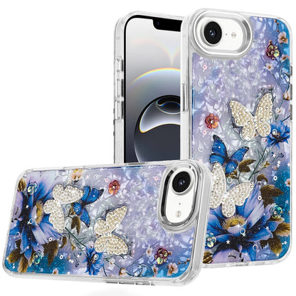 For Apple iPhone 17E /16E Epoxy Glitter Flowers Bling 3D Butterfly Fashion TPU Hybrid with Shockproof Protection Case Cover