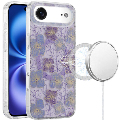 For Apple iPhone 17 Pro Max Stylish Pattern Fashion IMD Printed Design TPU Double Layer Slim Shockproof with Magnetic Back Case Cover Purple Flower