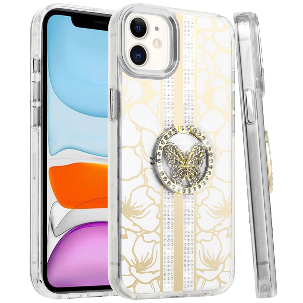 For Apple iPhone 11 Diamonds 3D Butterfly Floral Design Bling Sparkly Glitter Hybrid Metal Fashion with Ring Stand Case Cover