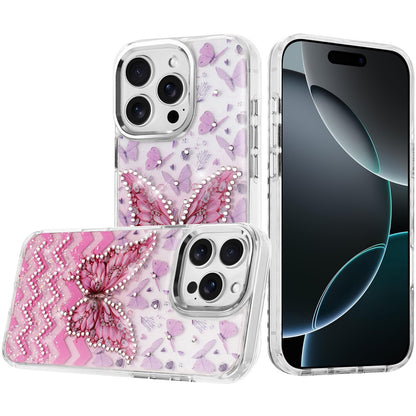 Phone Case for Apple iPhone 16 Pro Max Butterfly Resin Epoxy Diamond Bling Metal Edge Shockproof Hybrid Luxury Protective Durable Stylish Fashion Grip Cover Light Pink