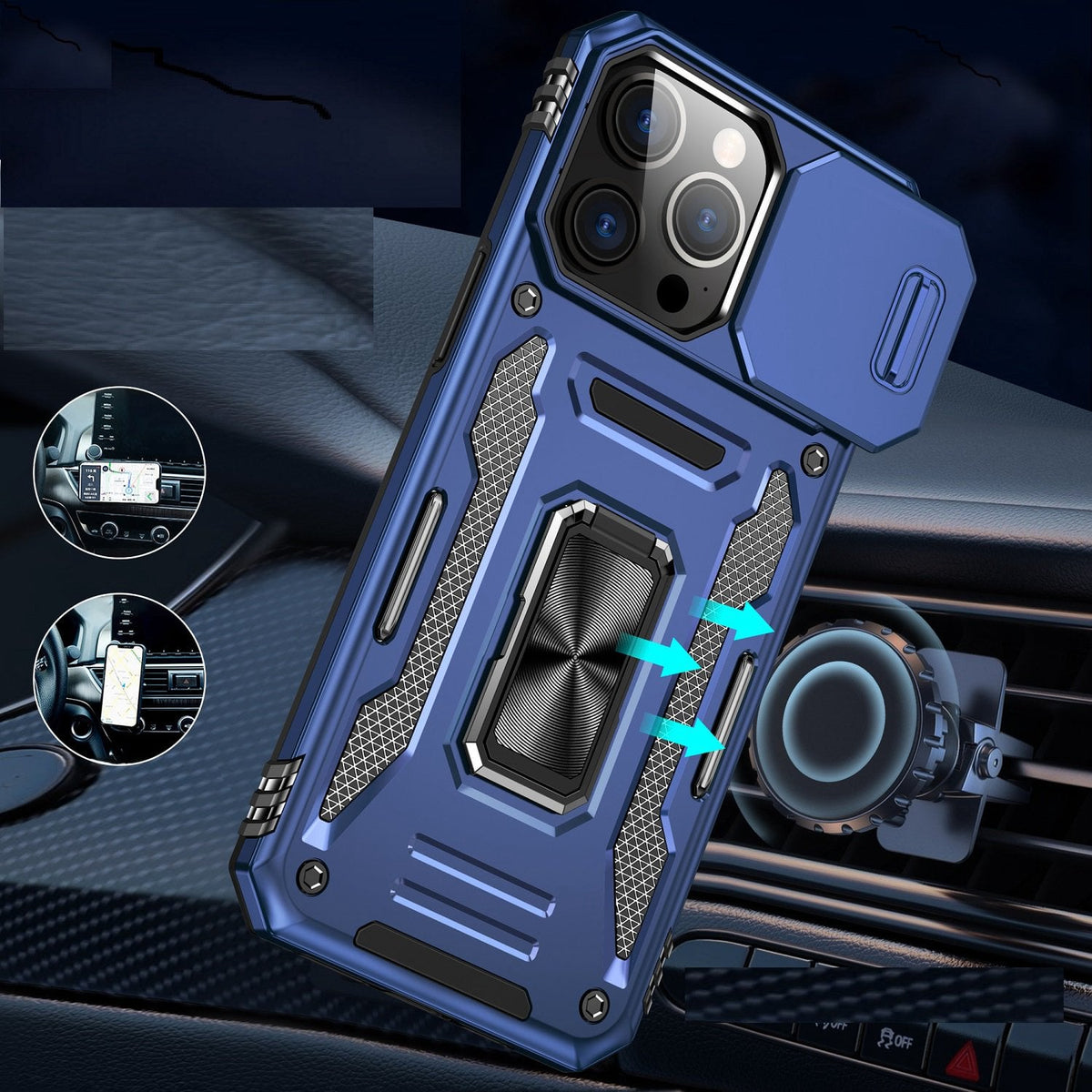 Phone Case for iPhone 15 Tough Metal Ring Shockproof Sliding Camera Window Hybrid Armor Rugged Anti Slip Heavy Duty Grip Cover Blue