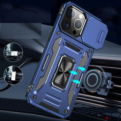 Phone Case for iPhone 15 Tough Metal Ring Shockproof Sliding Camera Window Hybrid Armor Rugged Anti Slip Heavy Duty Grip Cover Blue