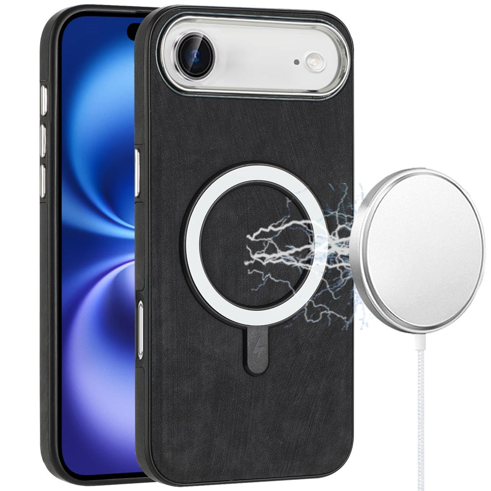For Apple iPhone 17 AIR Fashion PU Vegan Leather Chrome Edge Hybrid, MagSafe Compatible, Durable TPU Hard PC Case Cover Black