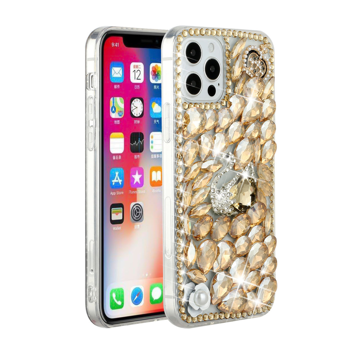 Phone Case for Apple iPhone 15 Pro Max Luxury Full Diamond Glitter 3D Floral Ornament Hybrid Shockproof Stylish Rhinestone Designer Protective Elegant Cover Gold
