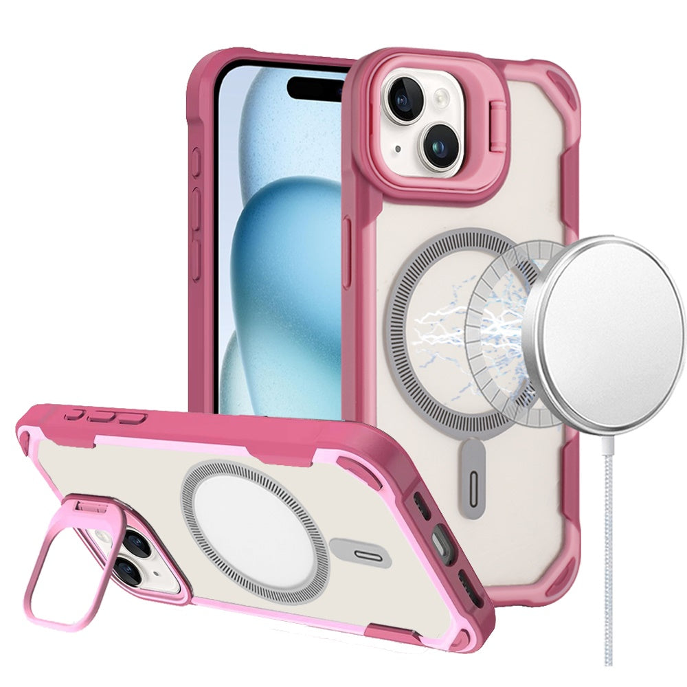 For Apple iPhone 15 Magnetic Circle Hybrid with Camera Stand, Compatible with MagSafe, Shockproof Protective Case Cover