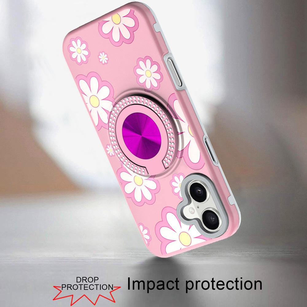For Apple iPhone 17 (6.3") Pattern Design Hybrid with Invisible Ring Stand & Magnetic Back, Shockproof Protective Grip Case Cover Pink Daisy Flower