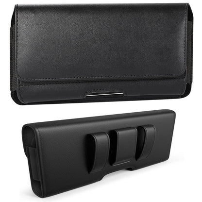 For Apple iPhone 16 (6.1") Universal Leather Belt Holster Horizontal Pouch Phone Holder with Belt Loop / Clip Waistband (Large) Cover [Black]