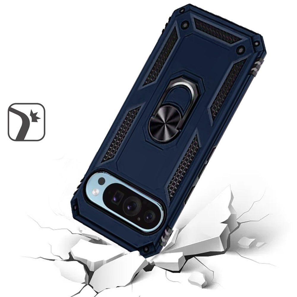 For Google Pixel 9 Pro XL Hybrid Shockproof Durable 360 Degree Rotatable Ring Stand Holder Kickstand Fit Magnetic Car Mount Case Cover Blue