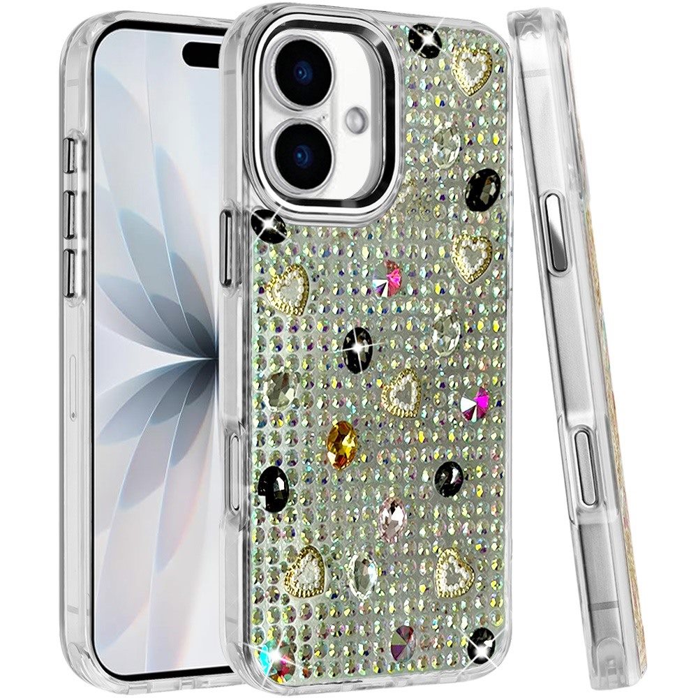 Phone Case for Apple iPhone 18 Chrome Fashion Hybrid Bling Diamond Heart Rhinestone Decorative Stones Sparkling Embellished Design Cover