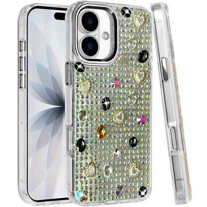 Phone Case for Apple iPhone 18 Chrome Fashion Hybrid Bling Diamond Heart Rhinestone Decorative Stones Sparkling Embellished Design Cover