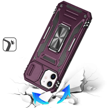 Phone Case for Apple iPhone 12 /12 Pro Tough Metal Ring Shockproof Sliding Camera Window Hybrid Armor Rugged Anti Slip Heavy Duty Grip Cover Purple