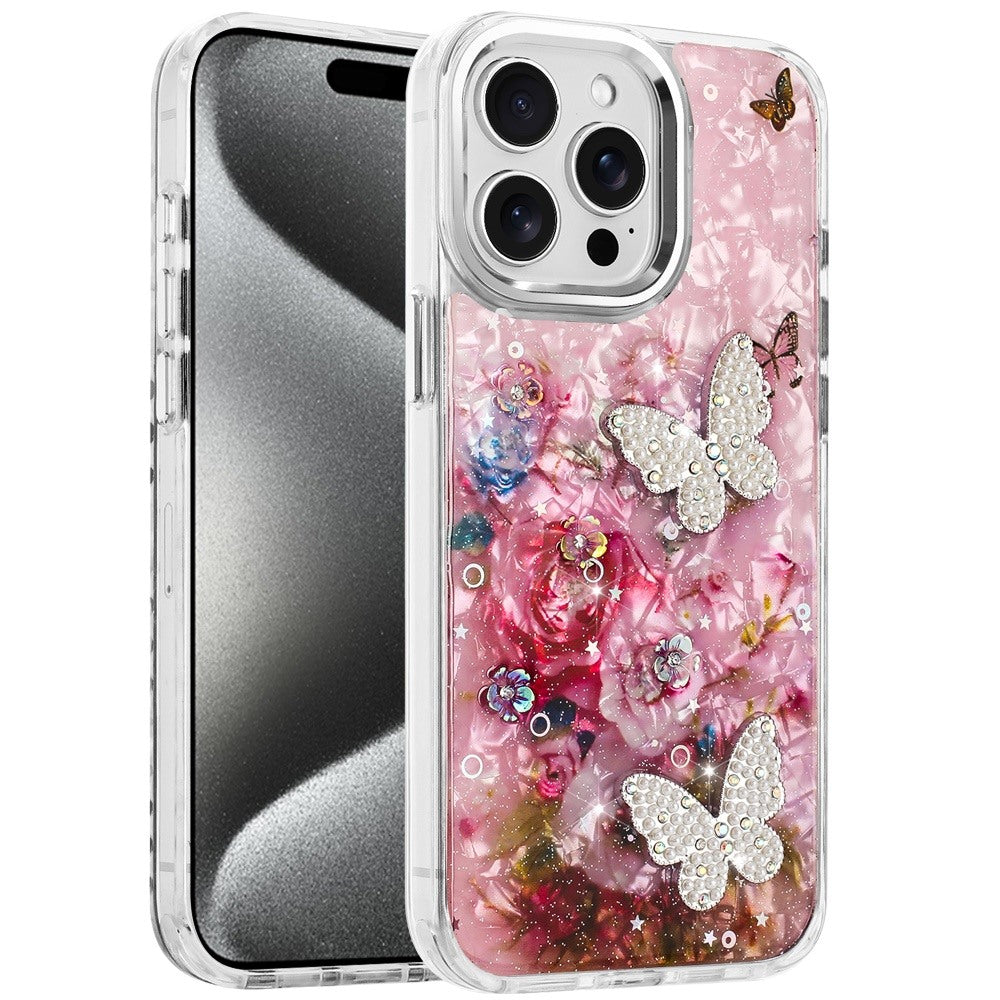 For Apple iPhone 16 Pro Max Epoxy Glitter Flowers Bling 3D Butterfly Fashion TPU Hybrid with Shockproof Protection Case Cover