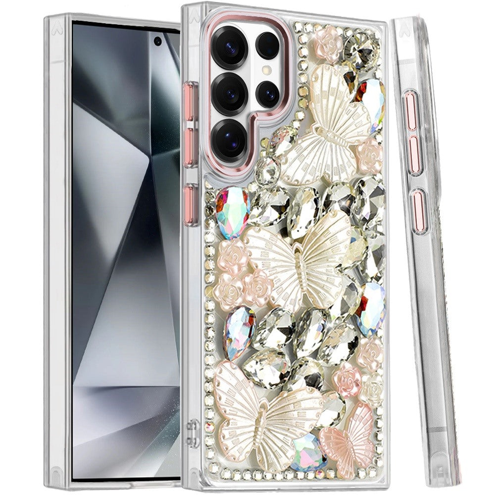 Phone Case for Samsung Galaxy S24 Ultra Luxury 3D Floral Butterfly Bling Rhinestone Glitter Shockproof Stylish Protective Hybrid Designer Metallic Cover Gold