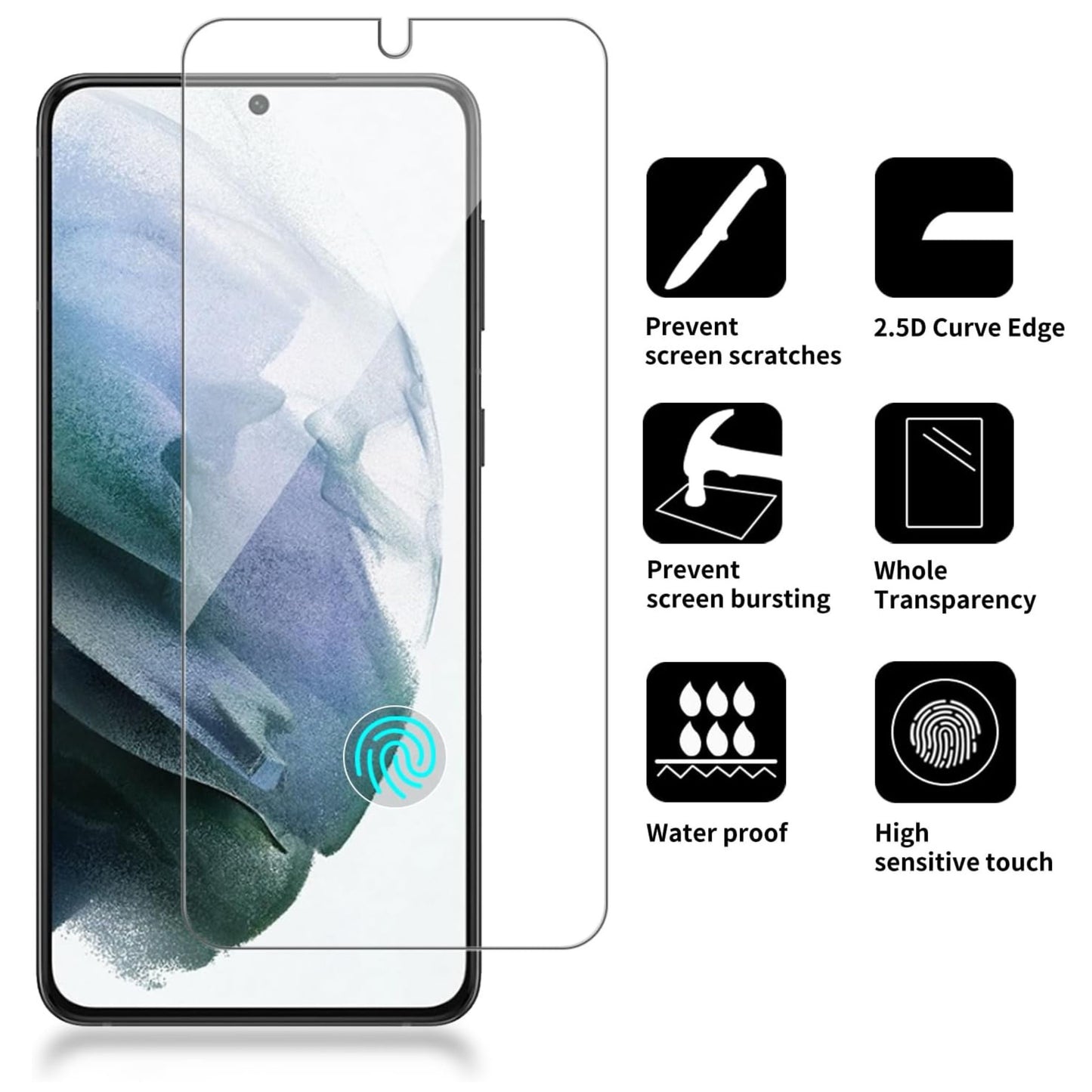 For Samsung Galaxy S21 Tempered Glass Screen Protector Supports Fingerprint Recognition, Case-Friendly, HD Clarity Protector Clear Black