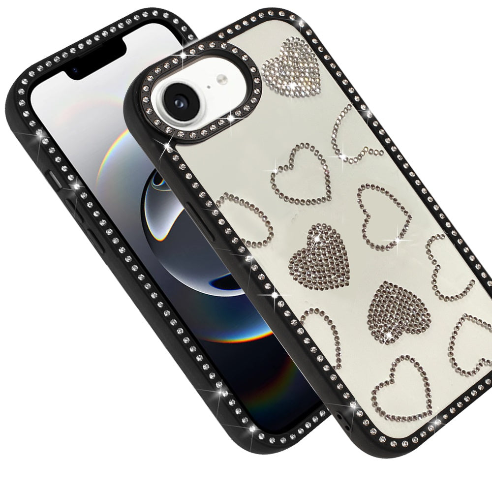 For Apple iPhone 17E /16E Spread Love Glitter Shimmer Bling Diamond Edge Hybrid Drop Protection Shockproof Design Case Cover Black