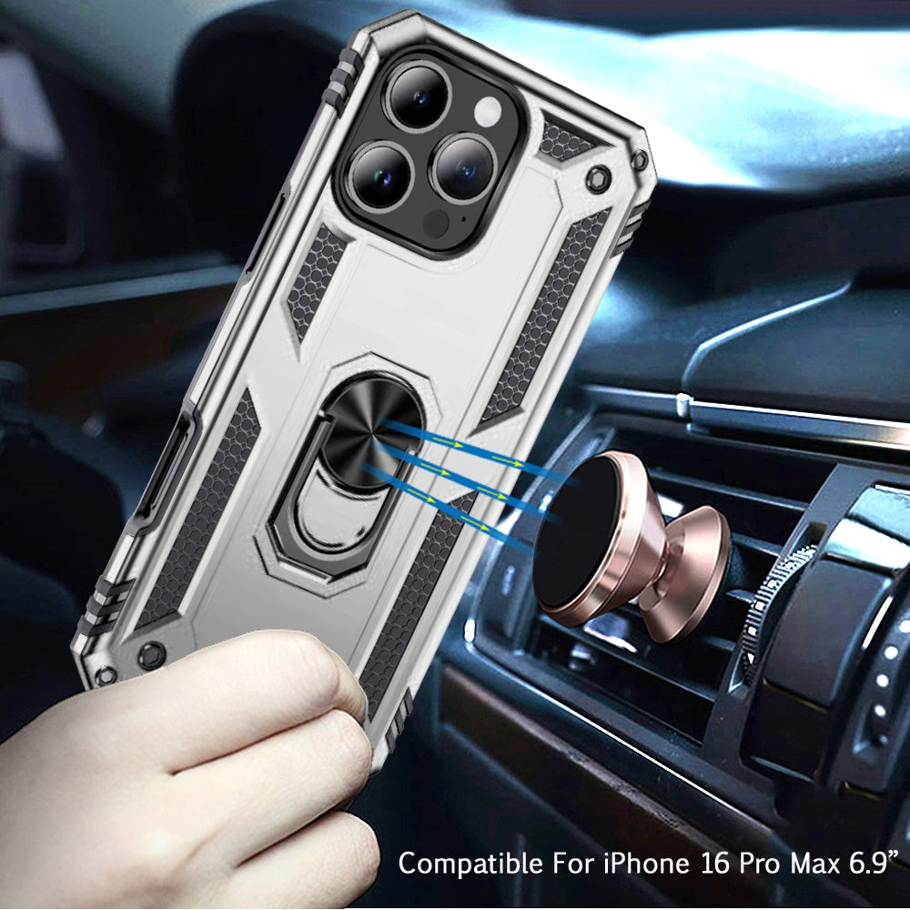 For iPhone 16 Pro Max (6.9") Hybrid Shockproof Durable 360 Degree Rotatable Ring Stand Holder Kickstand Fit Magnetic Car Mount Case Cover
