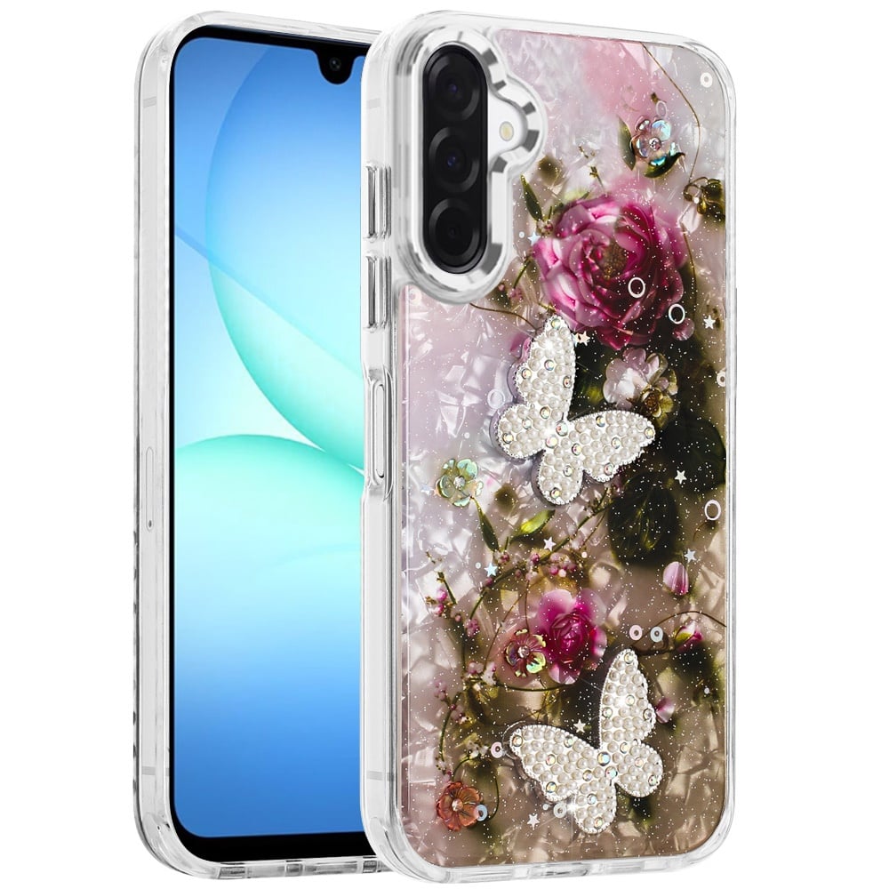 Phone Case for Galaxy A17 5G Glitter Butterfly Design Metal Buttons Shockproof Hybrid TPU + PC Durable Protective Slim Grip Stylish Cover Gold