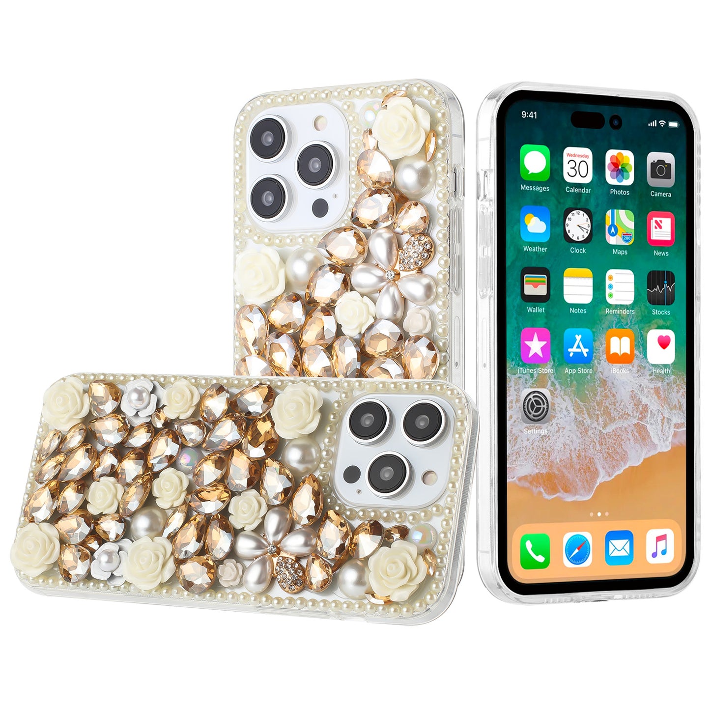 For Apple iPhone 15 Pro Max Fashion Rose Flower Floral Bling Crystal 3D Full Diamonds Pearl Sparkle Rhinestone Glitter Hybrid Case Cover