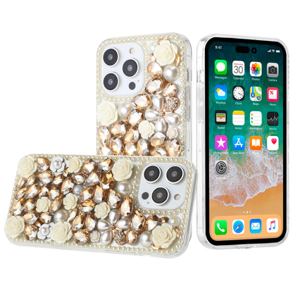 For Apple iPhone 15 Pro Max Fashion Rose Flower Floral Bling Crystal 3D Full Diamonds Pearl Sparkle Rhinestone Glitter Hybrid Case Cover