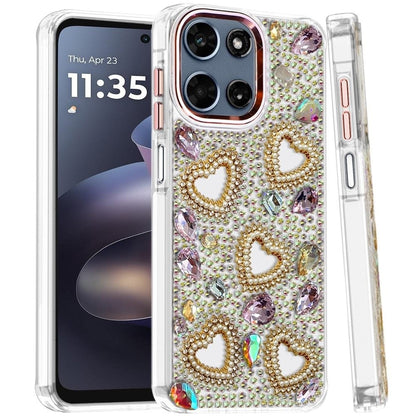 Phone Case for Motorola Moto G Play 5G 2026 Luxury Crystal Heart Rhinestone Diamond Bling Shockproof Hybrid Glitter Protective Stylish Durable Grip Cover