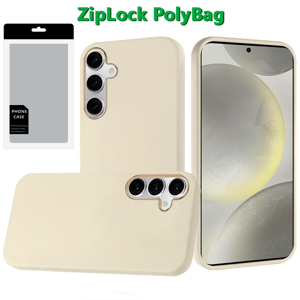 For Samsung Galaxy S25 /S24 Slim Classic Hybrid Around Rubber Gummy Gel Slick Hard PC Silicone TPU Chromed Button Case Cover White