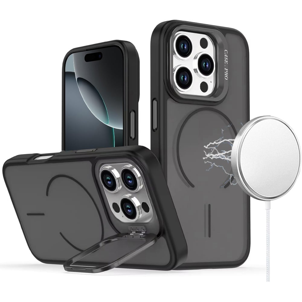 For iPhone 16 Pro Max (6.9") Magnetic Matte Metal Camera Stand Hybrid Drop Protection Durable Shockproof Slim Fit Design Protector Cosmic Orange