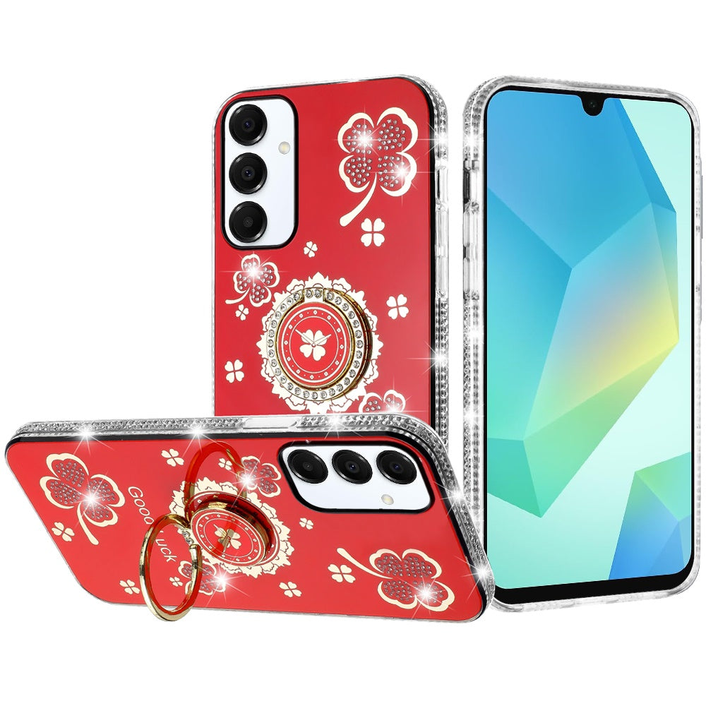 For Samsung Galaxy S25 Fan Edition /Galaxy S25 FE Diamonds Bling All Around Edges Sparkly Glitter Hybrid with Ring Stand Holder Fashion Good Luck Case Cover Red