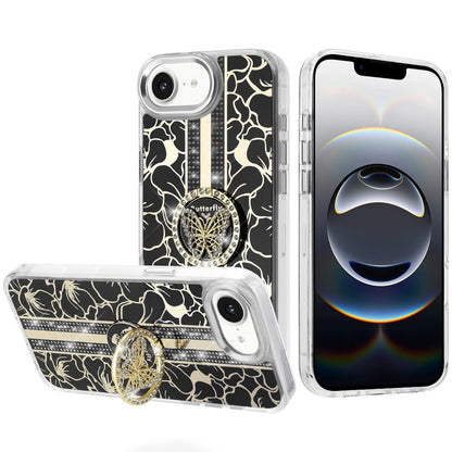 For Apple iPhone 17E /16E Diamonds 3D Butterfly Floral Design Bling Sparkly Glitter Hybrid Metal Fashion with Ring Stand Case Cover