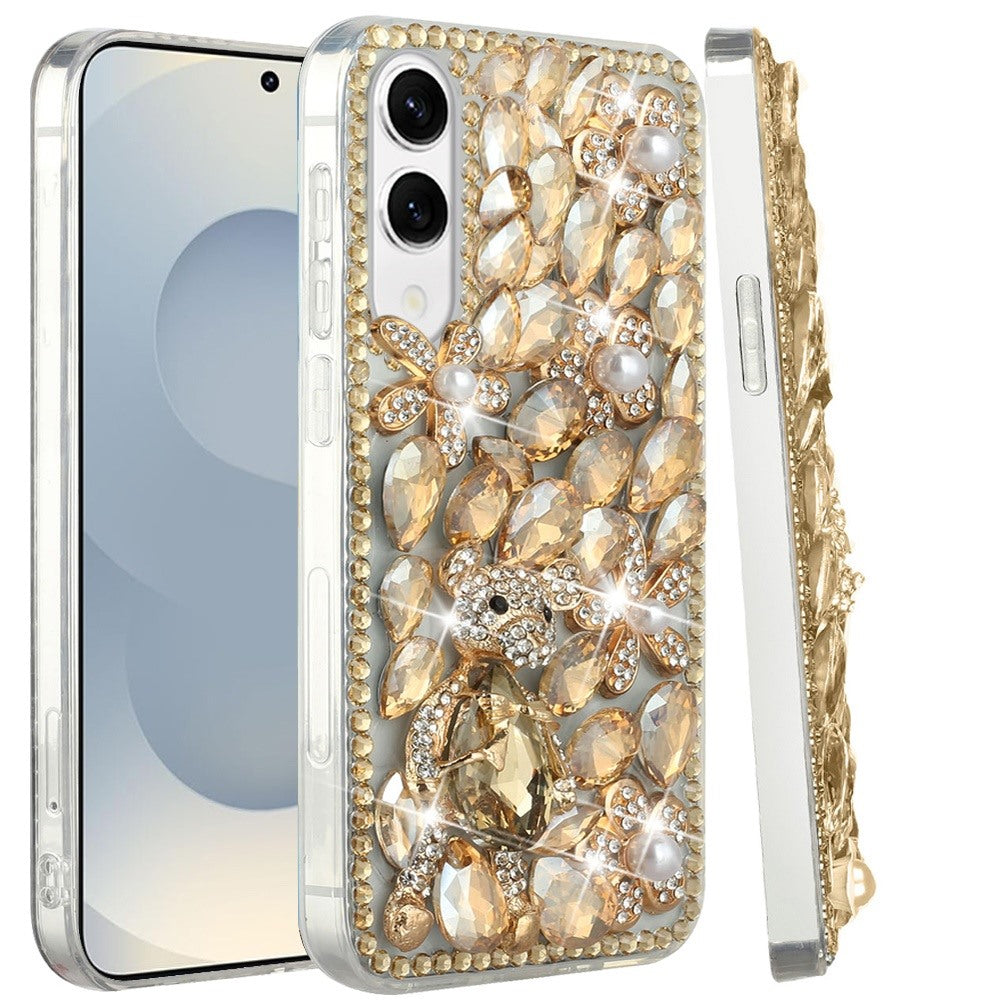 For Samsung Galaxy S25 Edge Bling Crystal 3D Full Diamonds Luxury Sparkle Rhinestone Hybrid Protective Case Cover Gold Panda Floral