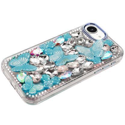 For Apple iPhone 17E /16E 3D Diamond Floral Butterfly Bling Stone Hybrid, Sparkly Rhinestone Gemstone Back Shockproof Case Cover