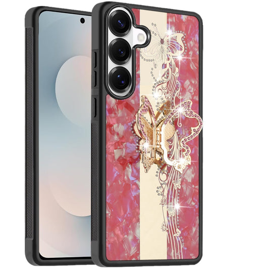 Phone Case for Samsung Galaxy S25 FE, S25 Fan Edition Diamond 3D Fashion Floral Glitter Engraved Luxury Bling Hybrid Shockproof Chrome Edge Protective Grip Cover Enchanted Butterfly Red