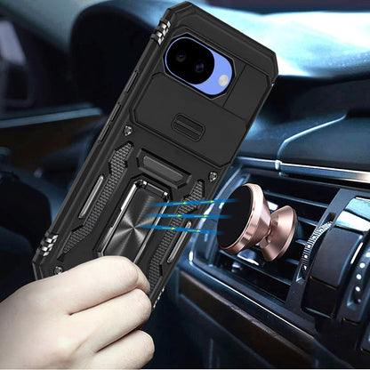 Phone Case for Google Pixel 10A Tough Metal Ring Shockproof Sliding Camera Window Hybrid Armor Rugged Anti Slip Heavy Duty Grip Cover Black