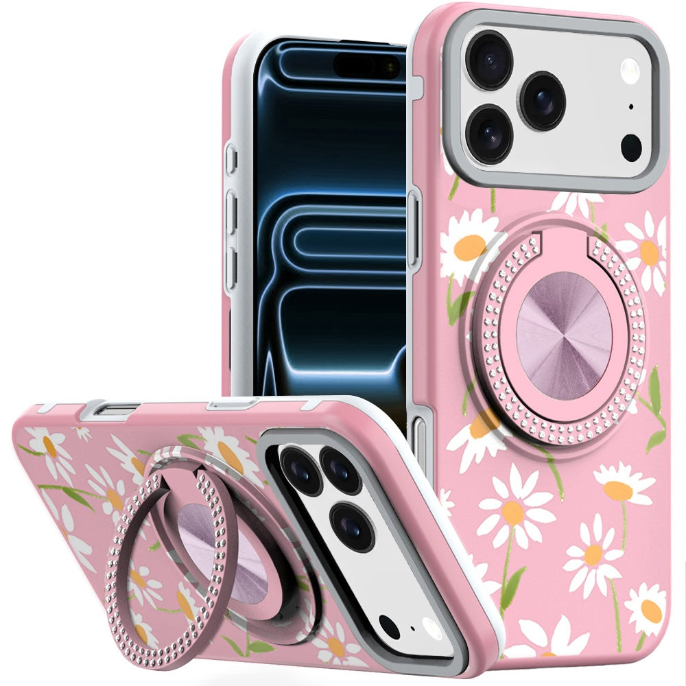 For Apple iPhone 17 (6.3") Pattern Design Hybrid with Invisible Ring Stand & Magnetic Back, Shockproof Protective Grip Case Cover Pink Daisy Flower