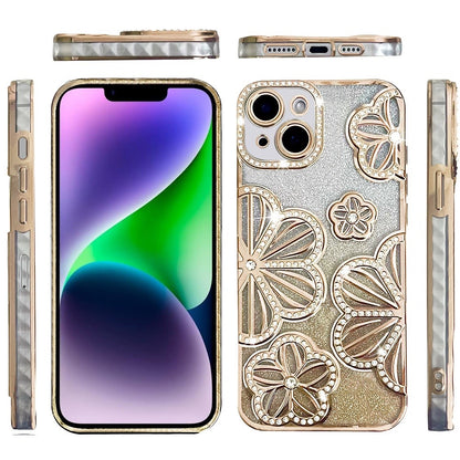 Phone Case for Apple iPhone 14/13 Shimmer Glitter Floral Thick TPU Shockproof Durable Grip Camera Protection Anti-Scratch Stylish Design Cover Gold