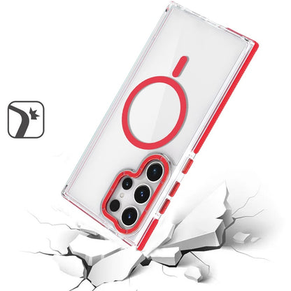 Phone Case for Samsung Galaxy S22 Ultra Strong Magnetic Back Clear Hybrid TPU Hard PC Shock Absorbing with Color Frame Grip Slim Fit Protector Cover Red