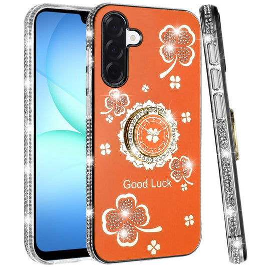 For Samsung Galaxy A17 5G Diamonds Bling All Around Edges Sparkly Glitter Hybrid with Ring Stand Holder Fashion Good Luck Case Cover Cosmic Orange