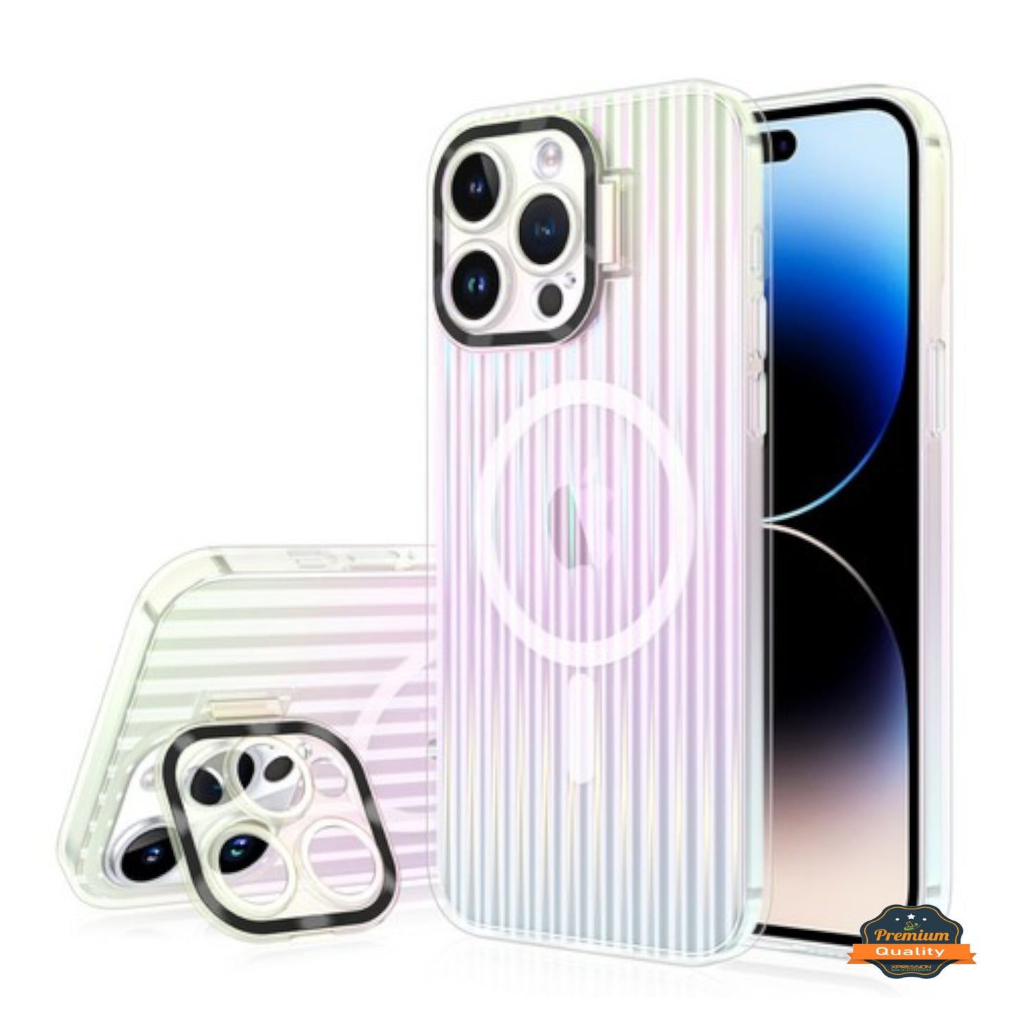 For Apple iPhone 15 Pro (6.1") Built-in Camera Kickstand Shockproof Iridescent Holographic Colorful TPU Slim Protective  Phone Case Cover