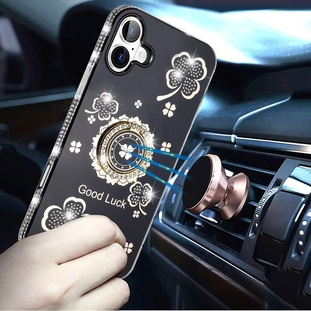 For Apple iPhone 17 (6.3") Diamonds Bling All Around Edges Sparkly Glitter Hybrid with Ring Stand Holder Fashion Good Luck Case Cover