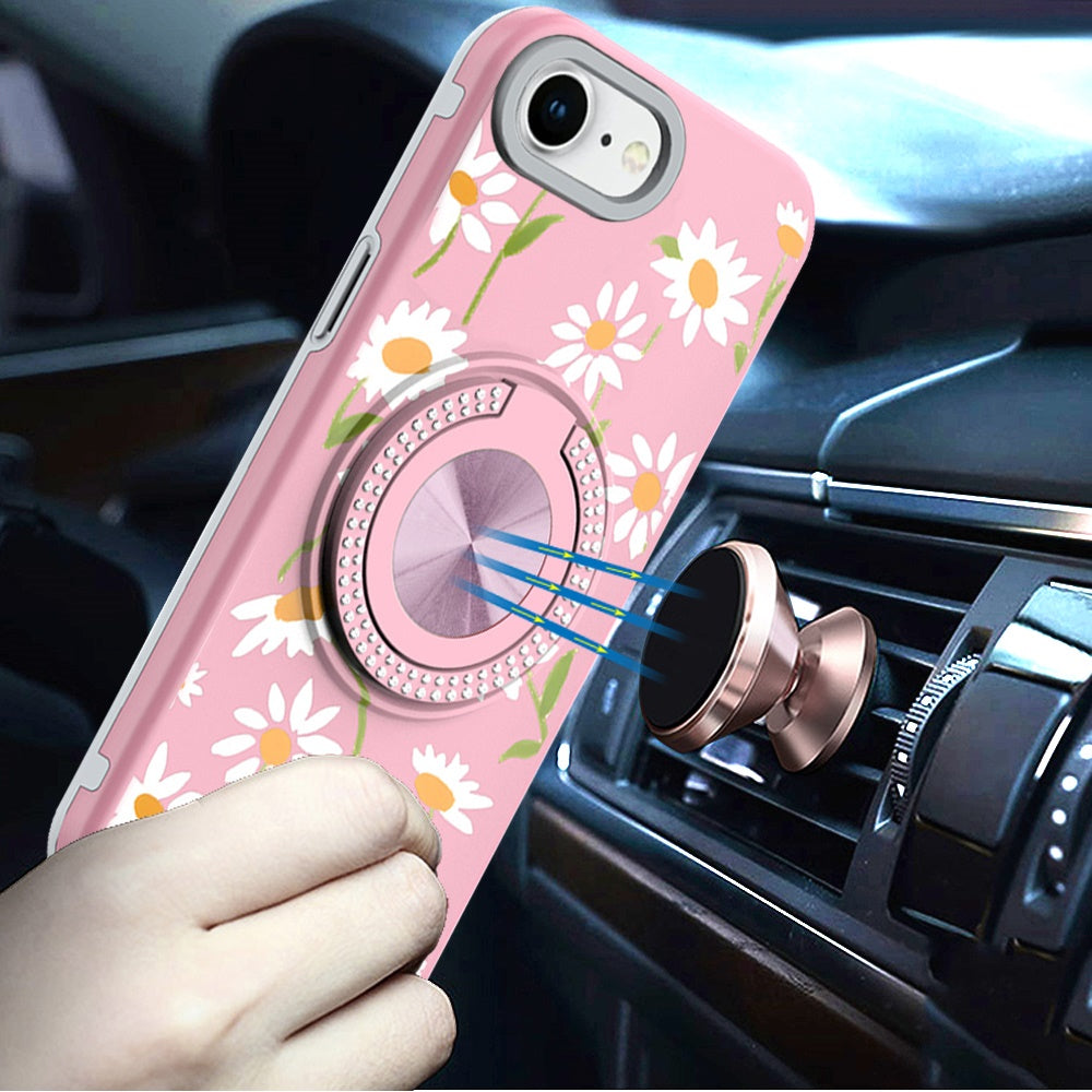 For Apple iPhone 16e Pattern Design Hybrid with Invisible Ring Stand & Magnetic Back, Shockproof Protective Grip Case Cover