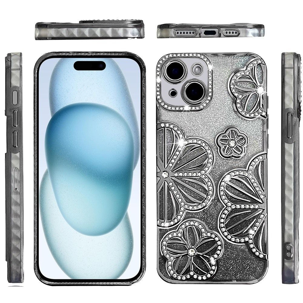For Apple iPhone 15 Luxury Flower Design Sparkle Glitter Diamond Rhinestone Shimmer Bling Plating Thick TPU Hard PC Case Cover