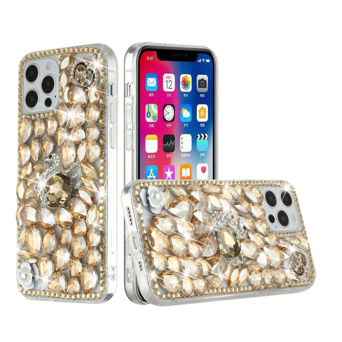 Phone Case for Apple iPhone 15 Pro Max Luxury Full Diamond Glitter 3D Floral Ornament Hybrid Shockproof Stylish Rhinestone Designer Protective Elegant Cover Gold