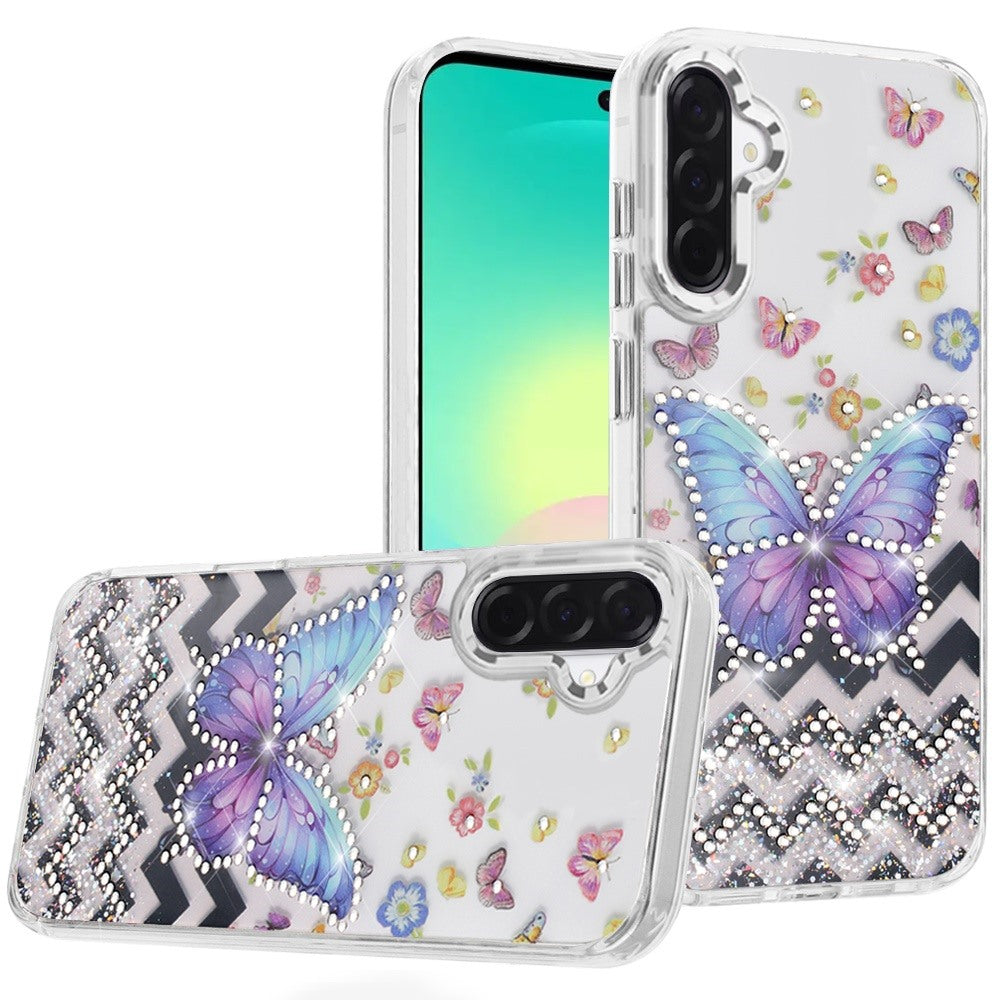 Phone Case for Samsung Galaxy A27 Butterfly Resin Epoxy Diamond Bling Metal Edge Shockproof Hybrid Luxury Protective Durable Stylish Fashion Grip Cover