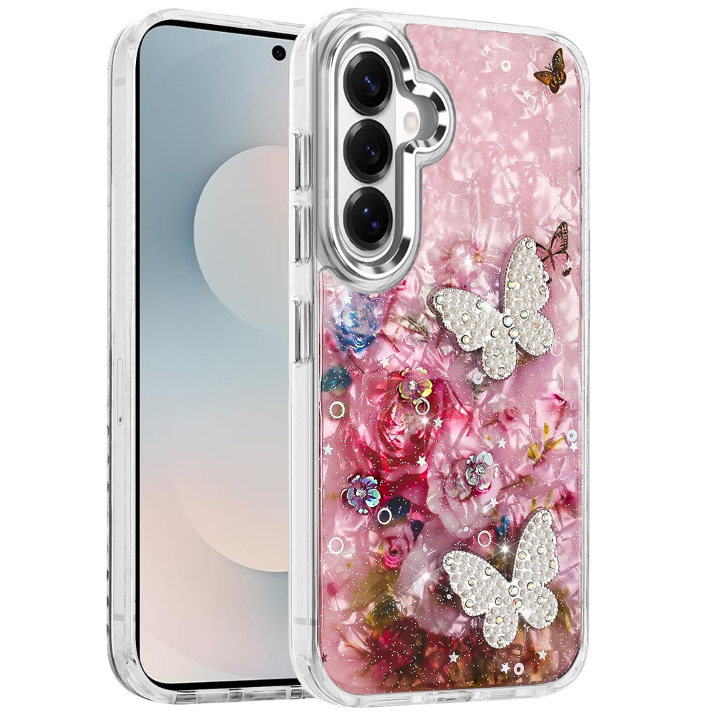 For Samsung Galaxy S26 Epoxy Glitter Flowers Bling 3D Butterfly Fashion TPU Hybrid with Shockproof Protection Case Cover
