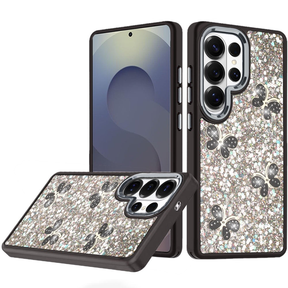 Phone Case for Samsung Galaxy S25 Ultra Cute Butterfly Diamond Glitter Metallic Hybrid Shockproof Shimmer Grip Stylish Protective Luxury Designer Cover