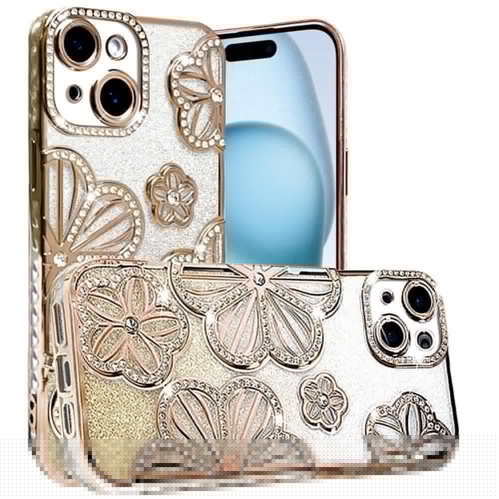 For Apple iPhone 15 Luxury Flower Design Sparkle Glitter Diamond Rhinestone Shimmer Bling Plating Thick TPU Hard PC Case Cover