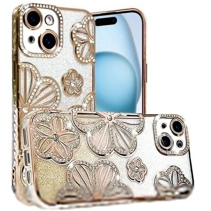 For Apple iPhone 15 Luxury Flower Design Sparkle Glitter Diamond Rhinestone Shimmer Bling Plating Thick TPU Hard PC Case Cover