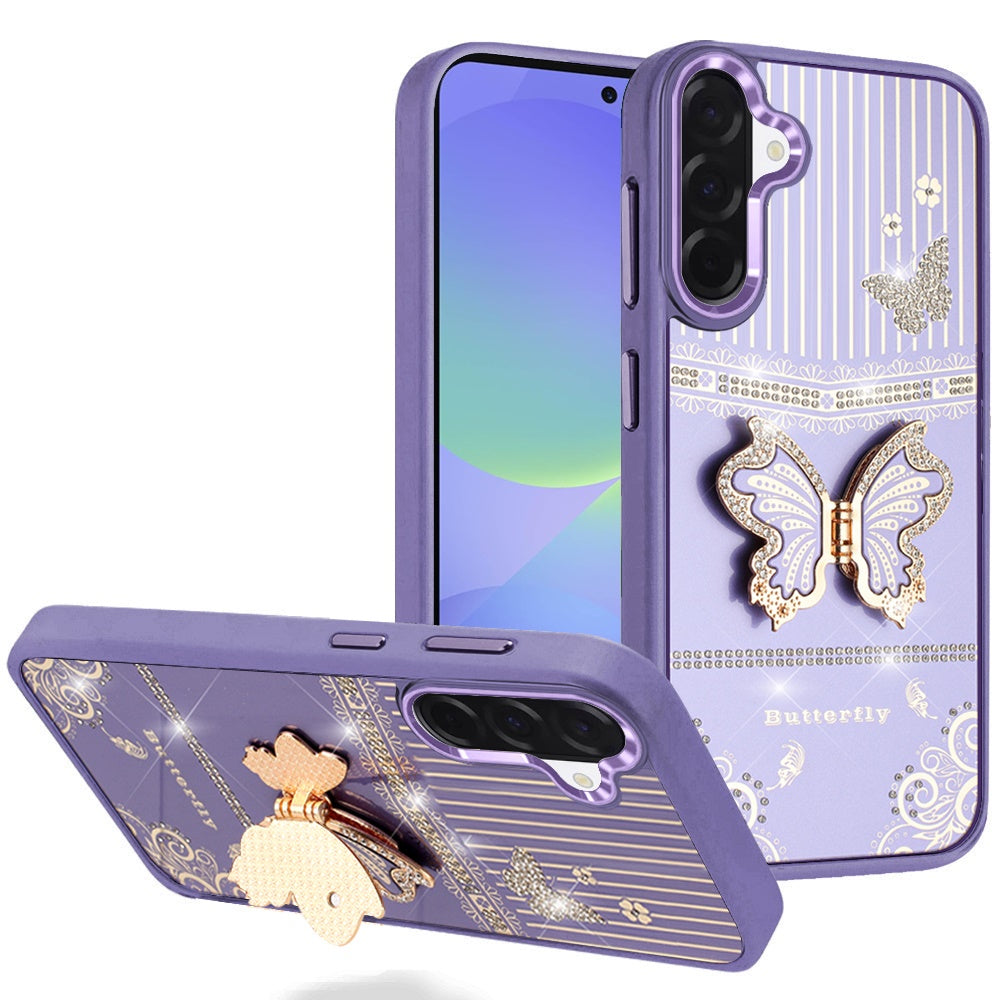 Phone Case for Samsung Galaxy A37 / A36 Glitter Bling Butterfly Stand Metallic Edge Hybrid Shockproof Grip Durable Camera Protection Stylish Design Cover Purple